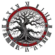 ash tree surrounded by Roman numerals with a few being red and it all connecting by roots and branches tree of life and  tattoo design idea