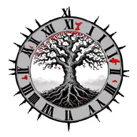 ash tree surrounded by Roman numerals with a few being red and it all connecting by roots and branches tree of life and  tattoo design idea