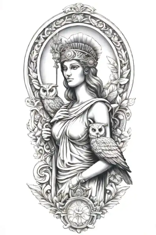 athena greek goddess with owl and parthenon tattoo design idea