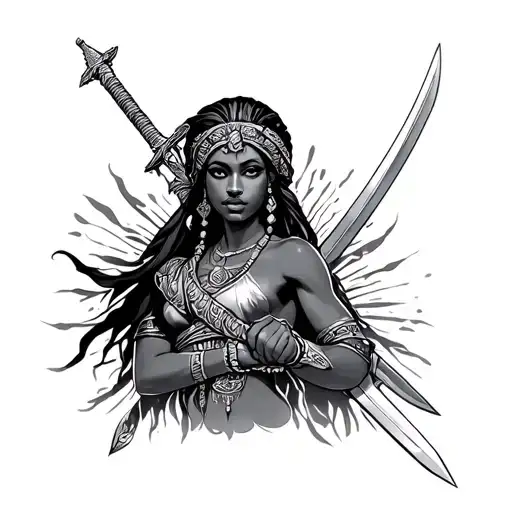 African goddes holding 2 swords going tattoo design idea