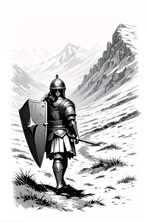 A little girl, walking alone on a deserted mountain path, wearing Roman armor with a helmet, holding a shield tattoo design idea