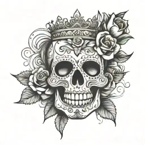sugar skull with a rose  wearing a crown  tattoo design idea