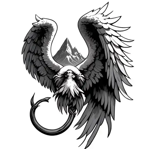 angel wings, hook and mountains inside tattoo design idea