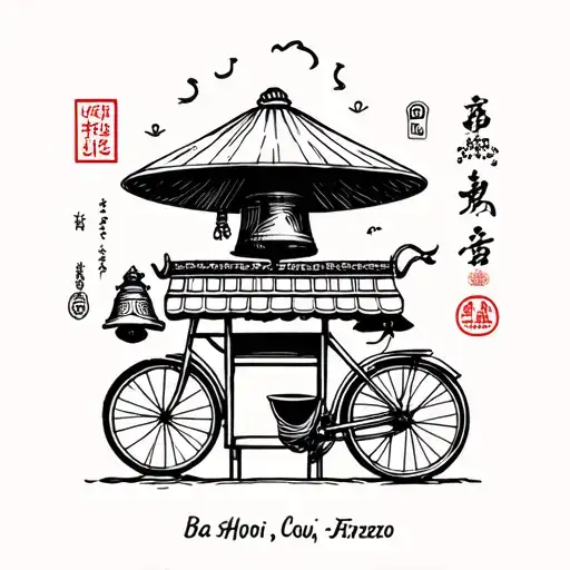 Tattoo flash sheet: Hanoi symbols – conical hat, street vendor, Bia Hoi cup, cyclo, temple bell – hand-drawn line style, tattoo design idea