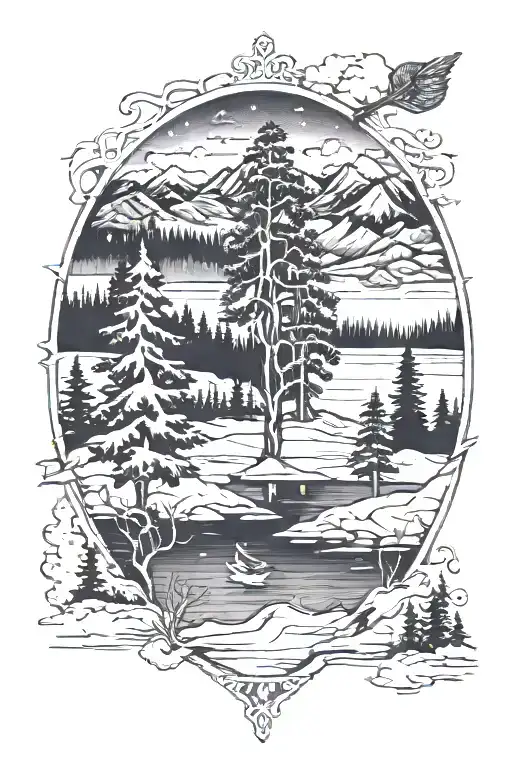 Trees, mountains, frozen pond,  ice hockey, Matthew 19:26 tattoo design idea