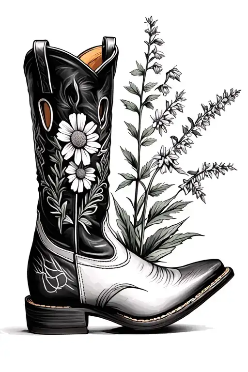 Cowboy boot with Baptisia alba false indigo White wood aster coming out from inside the boot tattoo design idea