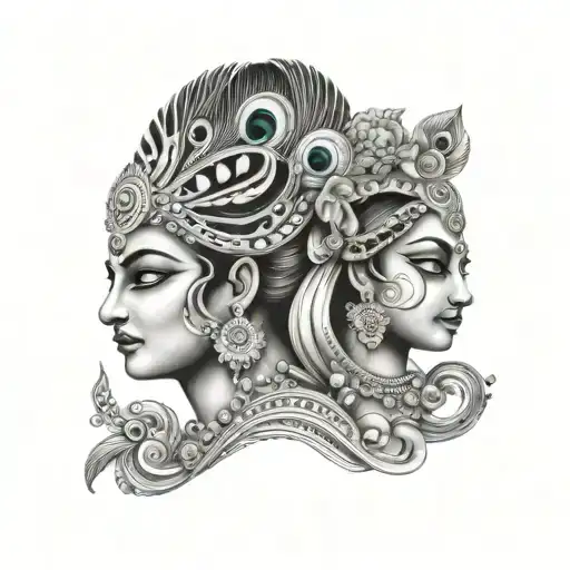 Radha Krishna with peacock feather transforming tattoo design idea
