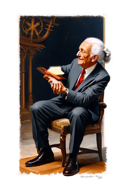 I want you to make me a religious tattoo of an 80-year-old man, in a suit and shoes with white hair pulled back, climbin tattoo design idea