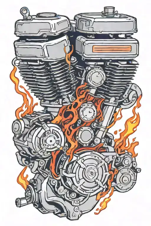 Harley-Davidson Twin Cam engine with tubes carrying light red and dark red liquid flowing into it, and flames coming out tattoo design idea