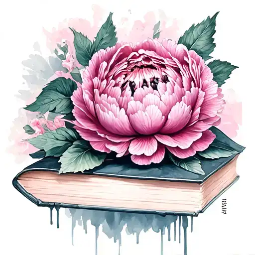 peonies and books dark pink scratch point out of edge tattoo design idea