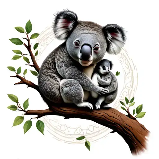 Mother Koala who holds her baby on a branch. Integrate them into a tree of life. Spiritual tattoo, Chakras tattoo design idea