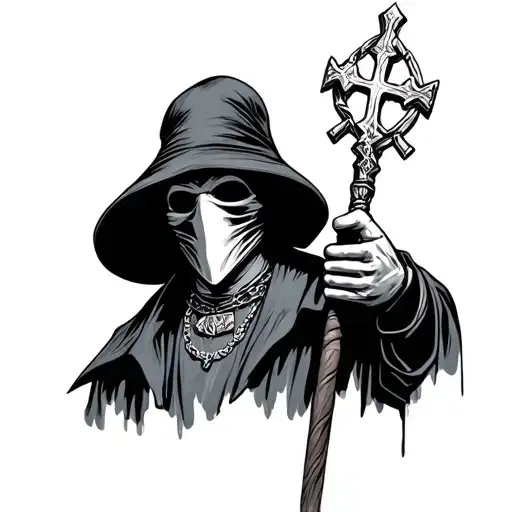Plague Doctor wearing cross necklace holding staff of cadecses tattoo design idea