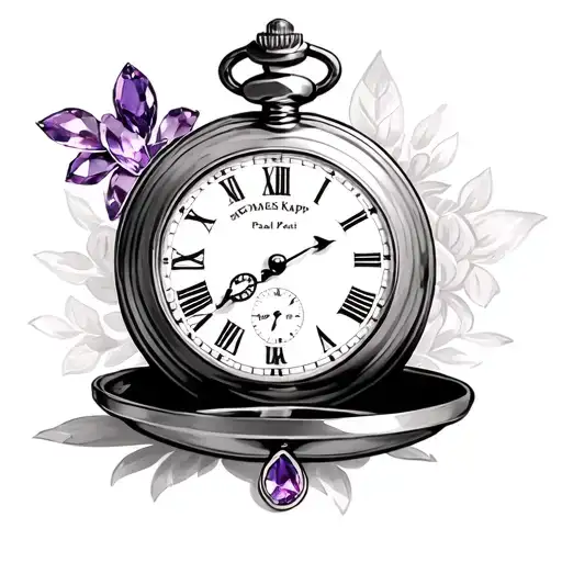 pocket watch  opened with hands showing 6:57 . James Paul Kapp 02/27/2012 and amethyst birthstone on lid of pocket watch tattoo design idea