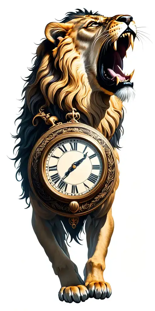 Roaring lion with clock in mouth tattoo design idea