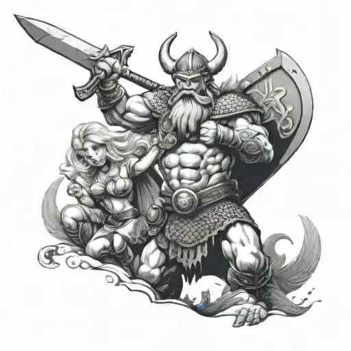 grayscale savage viking protecting 2 beautiful daughters in battle  tattoo design idea