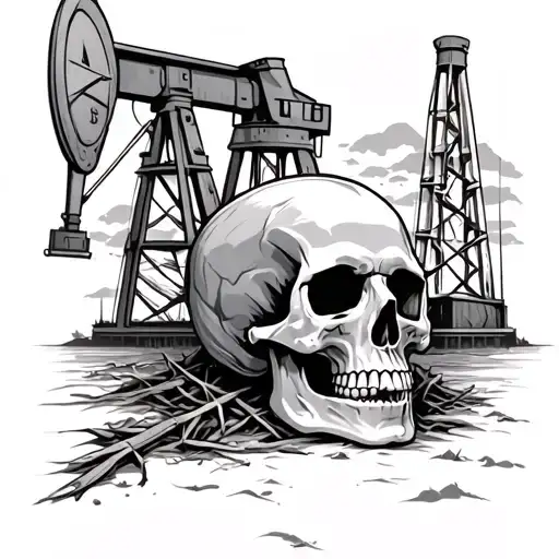 An oilfield landscape with a skull hidden in the background tattoo design idea