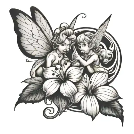 Tinkerbell & hibiscus flower intertwined tattoo design idea