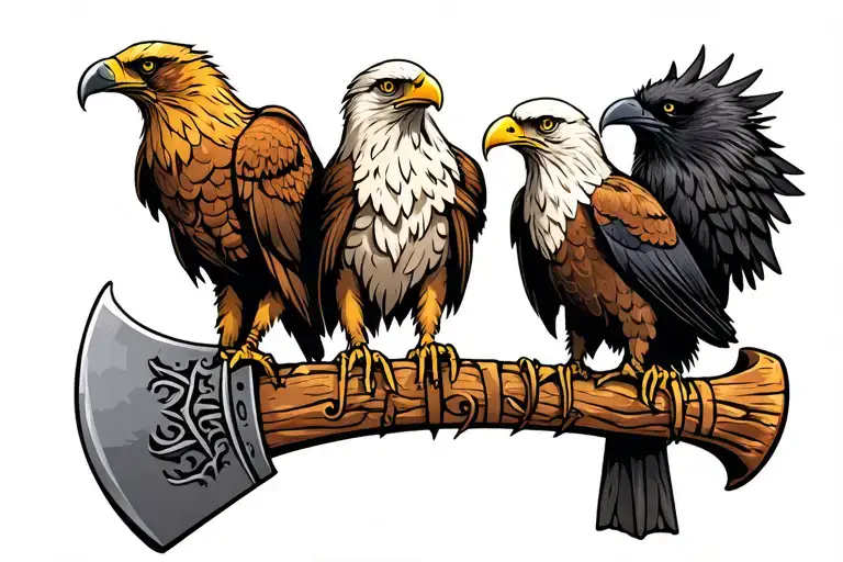 three birds sitting on viking axe. Birds are golden eagle, bald eagle, raven. Nordic tattoo design idea