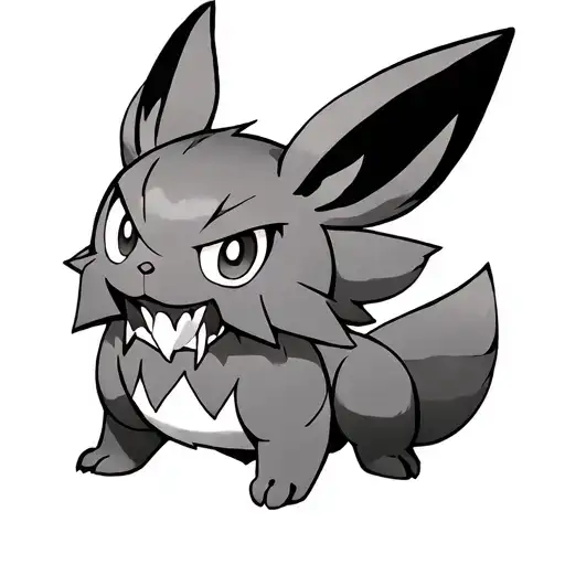 "Black and grey tattoo-style illustration of a fierce, battle-ready Eevee, fur bristling, fangs bared, and eyes glowing  tattoo design idea