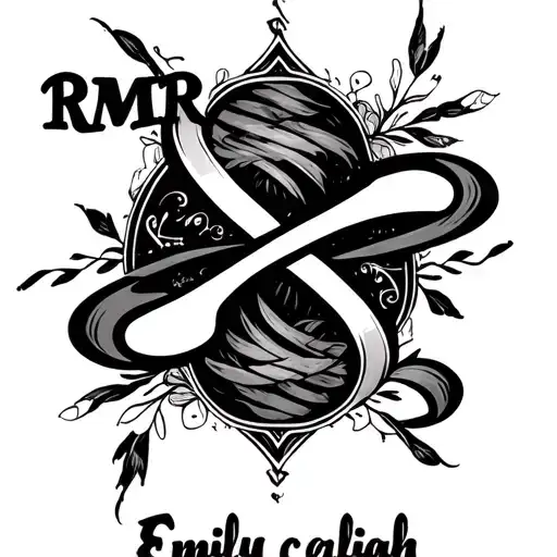 infinite sign with RMR in cursive top left, PER in cursive top right, Emily caliah in cursive bottom left tattoo design idea