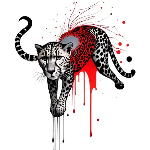 A fluid cheetah going down side, red cage area down to leg but a slim smaller cheetah with a bunch of fluid  tattoo design idea