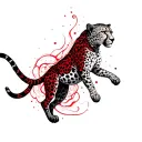 A fluid cheetah going down side, red cage area down to leg but a slim smaller cheetah with a bunch of fluid  tattoo design idea