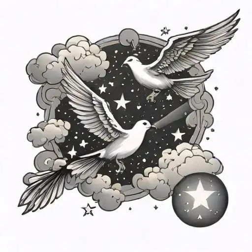 clouds with stars and doves flying through lighting tattoo design idea