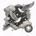 clouds with stars and doves flying through lighting tattoo design idea