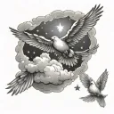 clouds with stars and doves flying through lighting tattoo design idea
