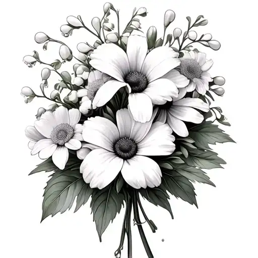 lily of the valley/hawthorn : daisy/sweet pea aster/morning glory bouquet  tattoo design idea