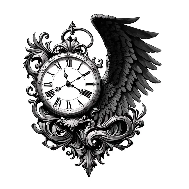classic clock, angel wing, baroque era flourishes coming tattoo design idea