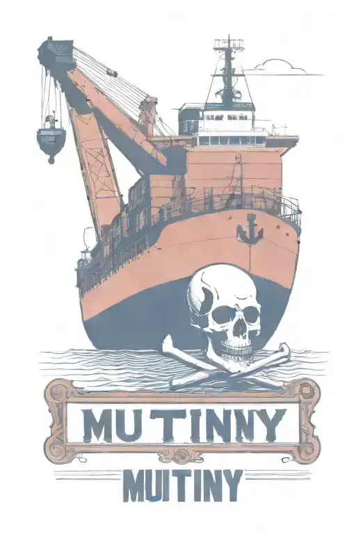 Container Ship with a crane behind and a skull and anchor with text that says Mutiny tattoo design idea