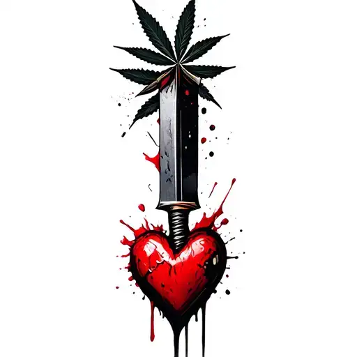 a heart pierced with a dagger, marijuana leaves in the background tattoo design idea