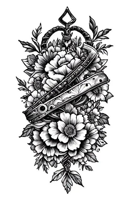 A vintage spurs design intertwined with intricate floral patterns tattoo design idea