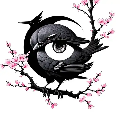 intricate lines, tribal, cherry blossom tree, crow with shisui eye, moon tattoo design idea
