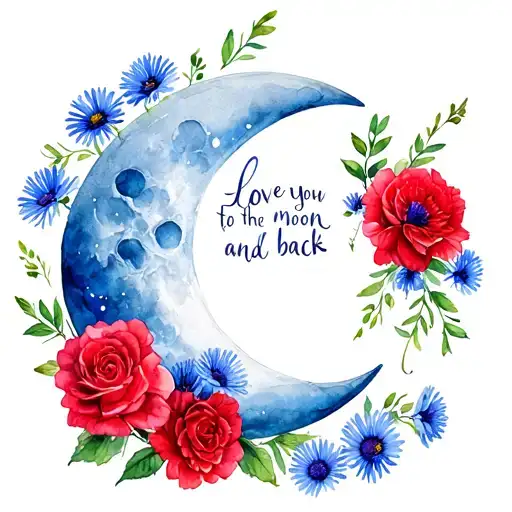 cresent moon with blue asters, red carnations and roses. love you to the moon and back tattoo design idea