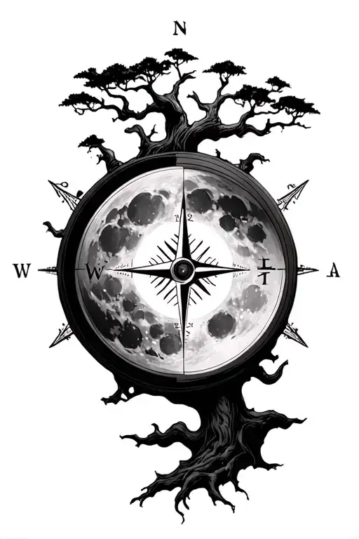 compass tree moon tattoo design idea