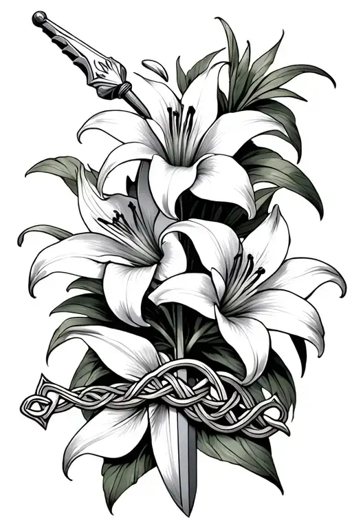stargazer lilies intertwined with a dagger and Celtic knots tattoo design idea