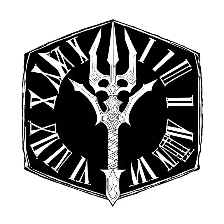 Keyblade with Barbados trident and Roman numeral date III.X.MCMXCIV tattoo design idea