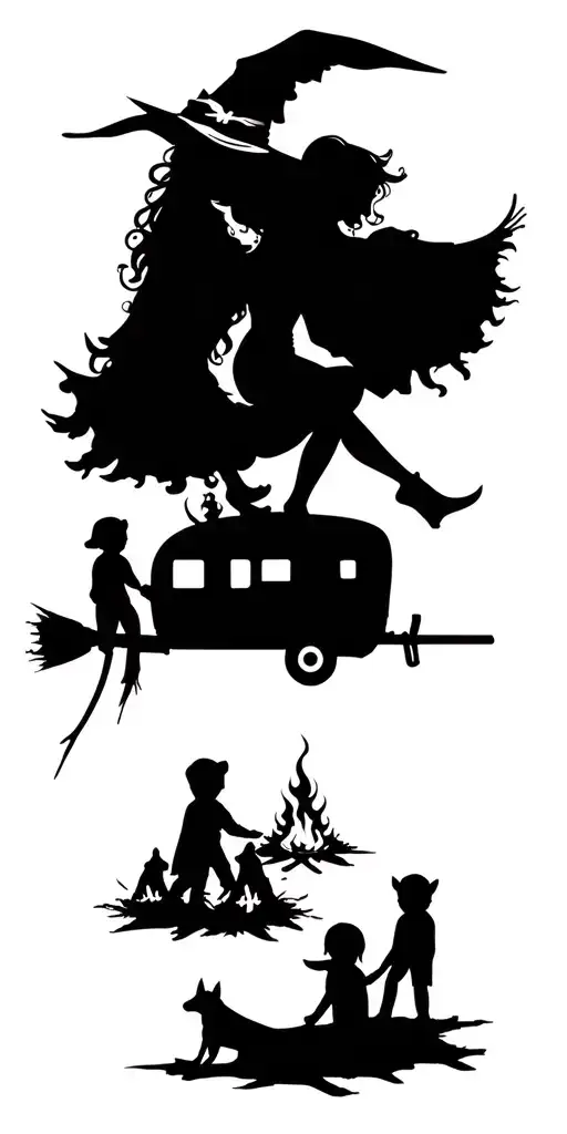 silhouette of sexy witch flying on broomstick over a campsite with a trailer and campfire with 3 boy children & 2 dogs  tattoo design idea