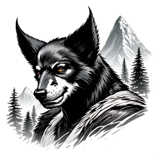 a real Wolverine animal overlooking mountain and forest tattoo design idea