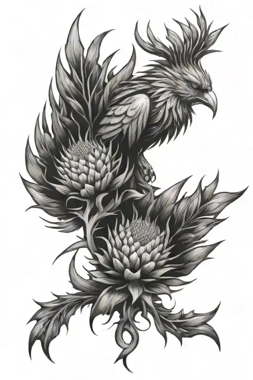 Tattoo composition Thistle, Phoenix, Fire, S, 21, Tech, Cyber, Metal, Sharp edges, futuristic, scotland tattoo design idea