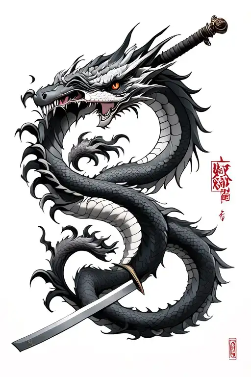 Dragon Wrapping Around a Katana	•	Dragon (Ryū): Represents wisdom, power, and ambition.	•	Katana: Symbolizes a warrior tattoo design idea