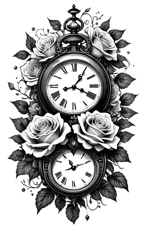 clock and roses sleeve tattoo design idea