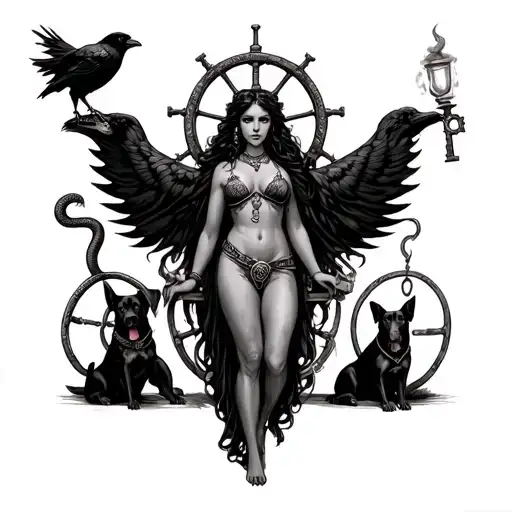 goddess Hecate as a black women with a crow, snake and two black dogs. with a hand torch, key necklace and a old wheel tattoo design idea