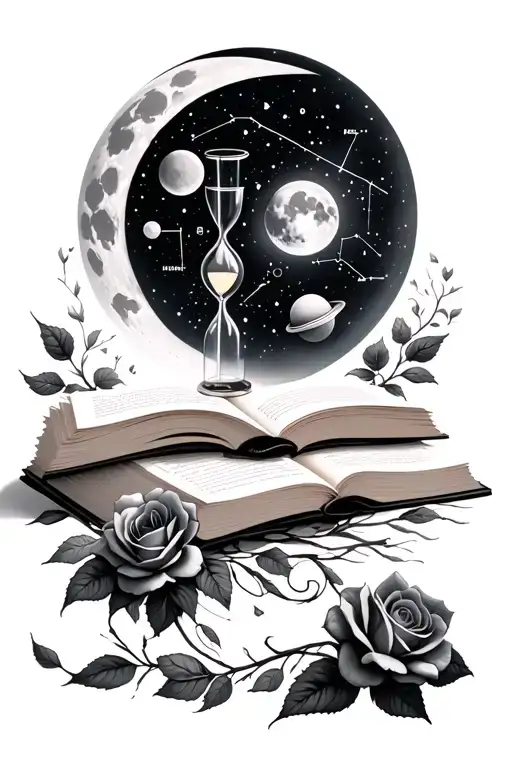 book opening up to a full moon with Gemini constellation, time hour glass, roses, and planets with adventure tattoo design idea