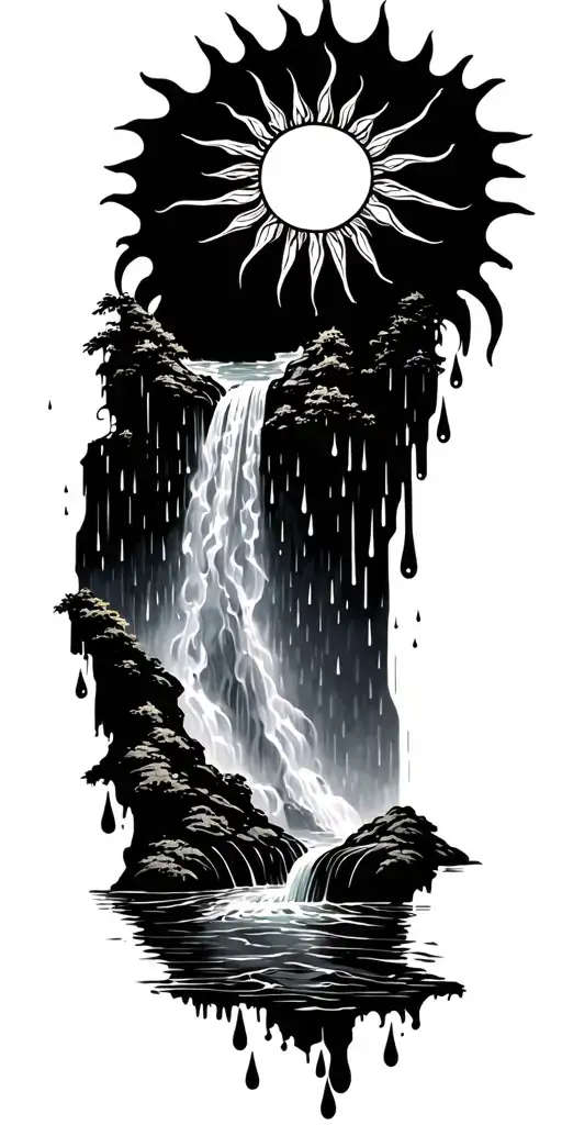 a sun melting into a waterfall that turns into rain drops tattoo design idea