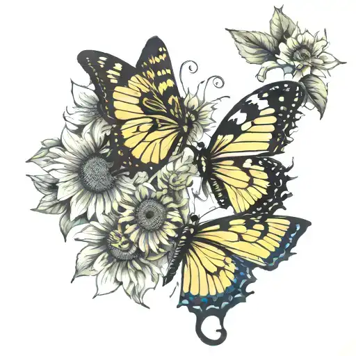 butterfly with semicolon body and another butterfly with july 21st 1964 in roman numerals as the body. with sunflowers  tattoo design idea