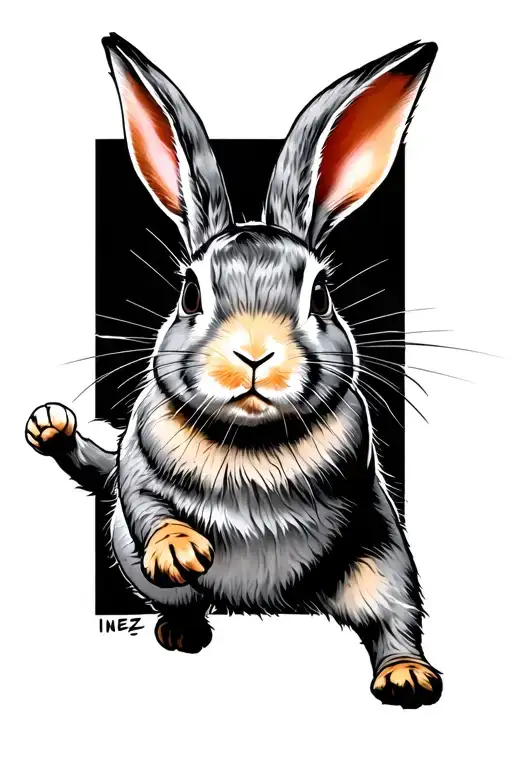 rabbit looking forward running Inez written in script within rabbit body tattoo design idea