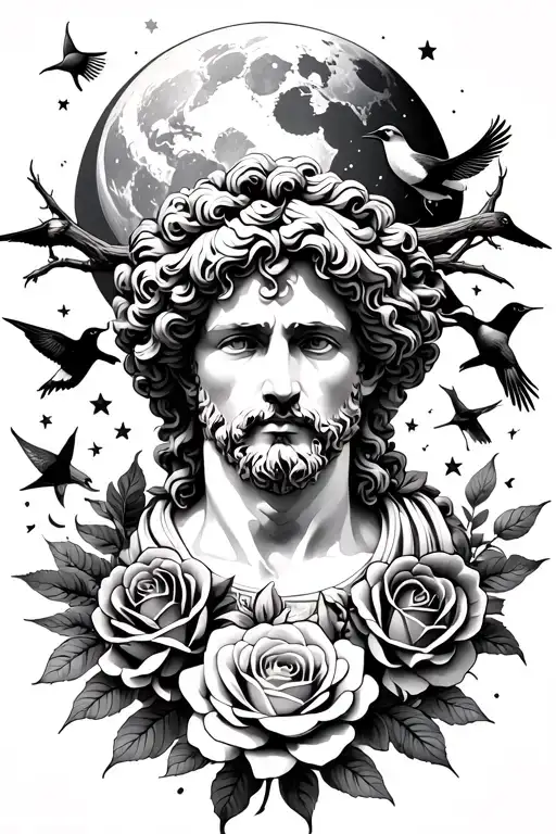 marcus aurelius and roses surrounded thorns earth sky moon stars birds tattoo design idea